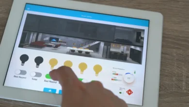 Smart home control panel on tablet managing lighting and temperature settings in a modern AI-powered house