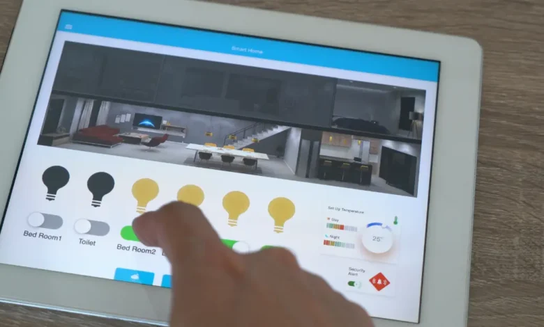 Smart home control panel on tablet managing lighting and temperature settings in a modern AI-powered house