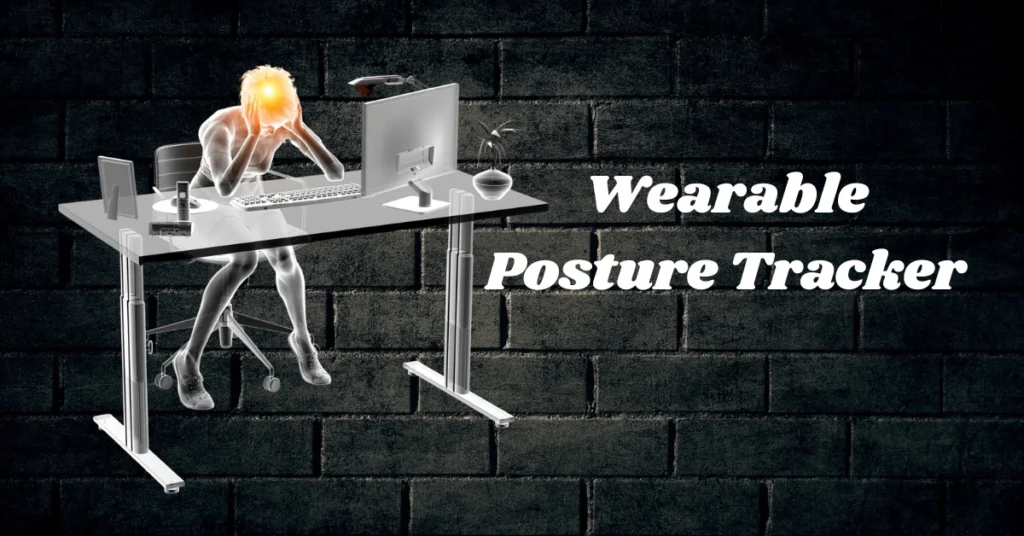 Person sitting with poor posture smart posture sensor at a desk, highlighting the need for a wearable posture trackerand posture correction gadget to prevent neck and back strain.