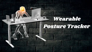 Person sitting with poor posture at a desk, highlighting the need for a wearable posture tracker to prevent neck and back strain.