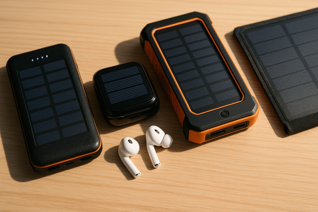 solar charger for phone, Various portable solar chargers and solar power banks with wireless earbuds on a wooden surface – ideal solar gadgets for 2025