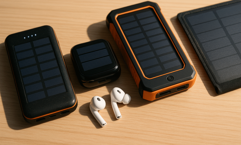 Various portable solar chargers and solar power banks with wireless earbuds on a wooden surface – ideal solar gadgets for 2025