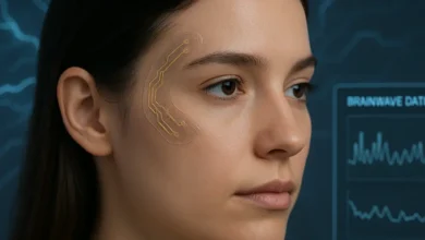 Woman wearing a brain-monitoring e-tattoo with real-time brainwave data display in background