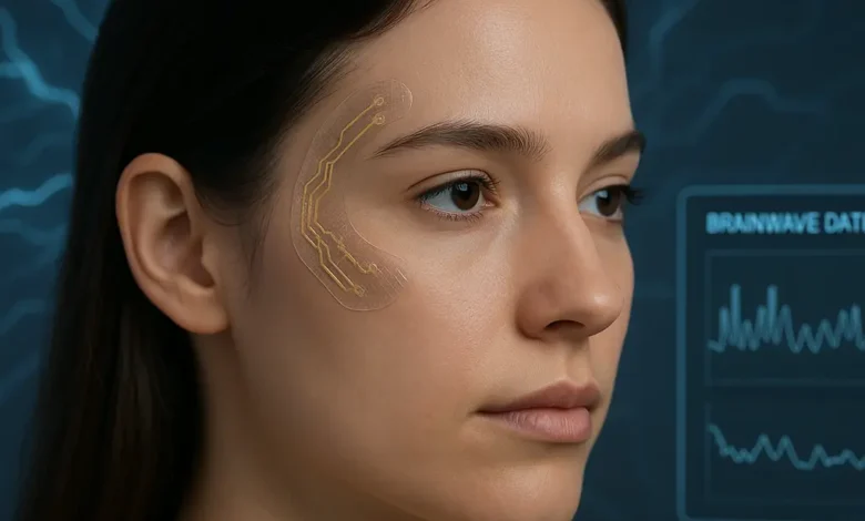 Woman wearing a brain-monitoring e-tattoo with real-time brainwave data display in background