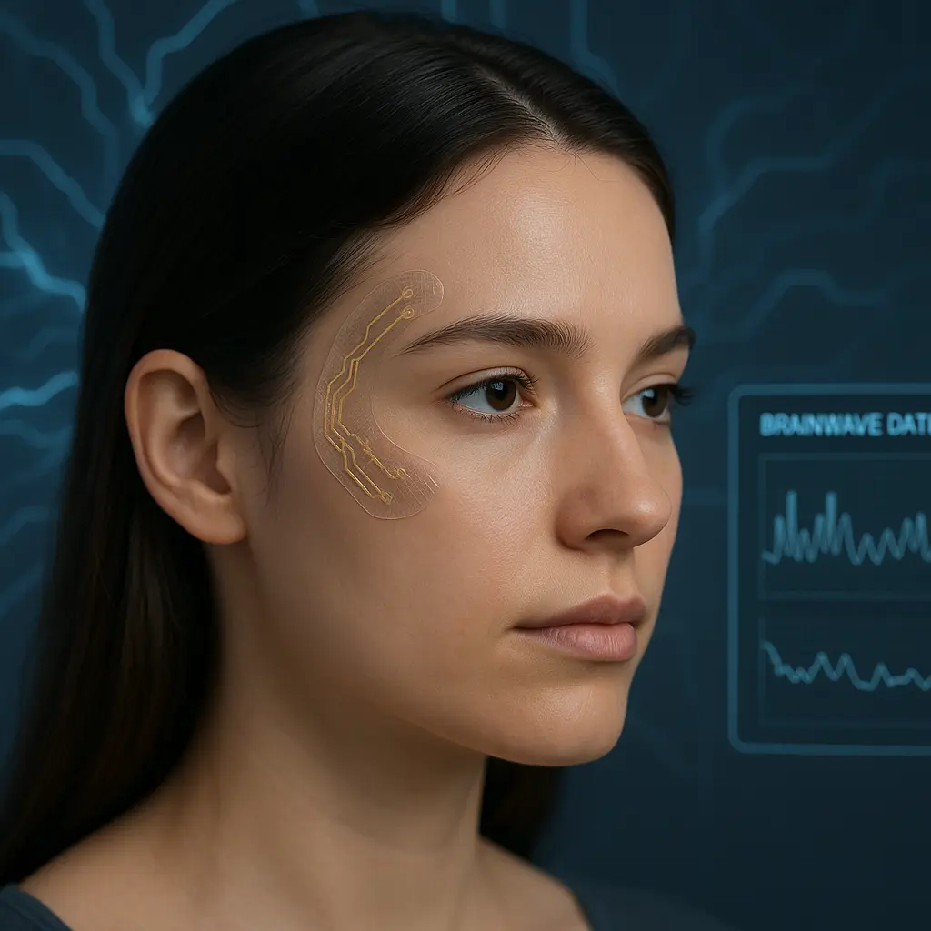 A futuristic mental wellness wearable tech device: a thin, flexible e-tattoo stress tracker applied to the user's forehead, acting as a wearable brain sensor. This cutting-edge neurotech wearable monitors brain activity in real-time, showcasing the latest in brain-monitoring technology.