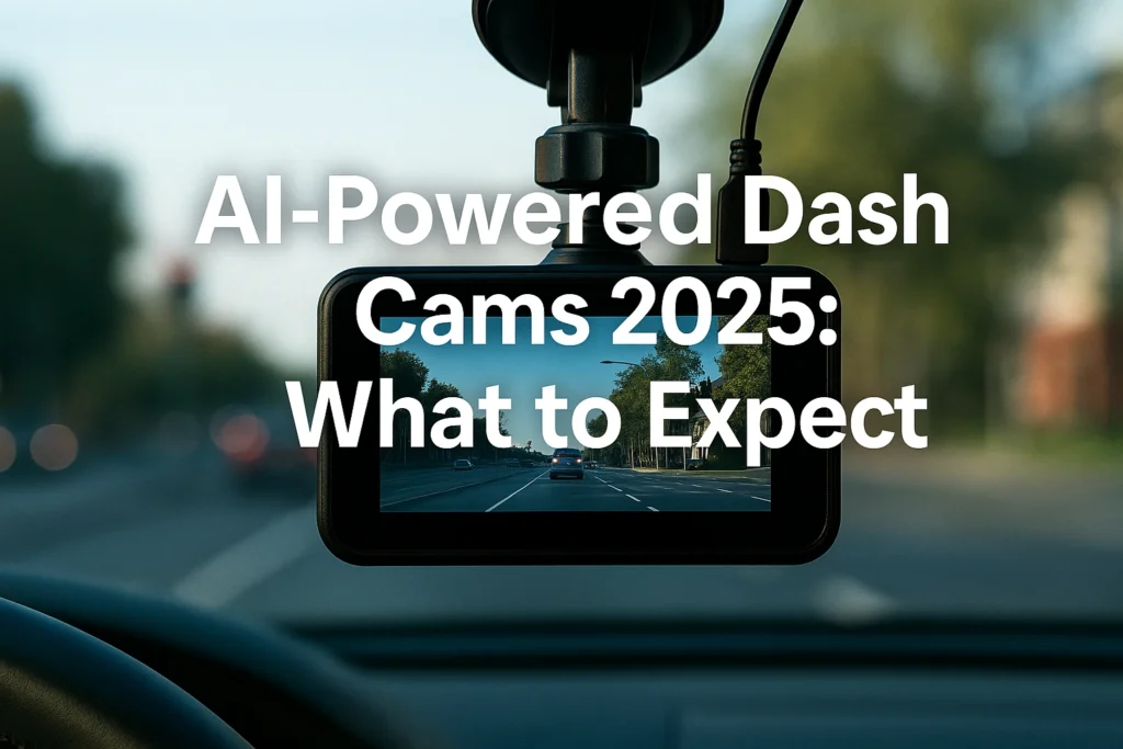 A dashboard view showing a mounted AI-powered dash cam recording a clear city street. The screen displays high-quality footage with lane markings and vehicles ahead. Overlaid text reads “AI-Powered Dash Cams 2025: What to Expect,” representing smart dash cams equipped with advanced AI-powered cam features. Ideal for showcasing the best AI car cameras available in 2025.