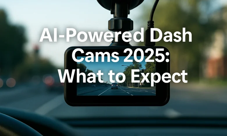 A dashboard view showing a mounted AI-powered dash cam recording a clear city street. The screen displays high-quality footage with lane markings and vehicles ahead. Overlaid text reads “AI-Powered Dash Cams 2025: What to Expect,” representing smart dash cams equipped with advanced AI-powered cam features. Ideal for showcasing the best AI car cameras available in 2025.