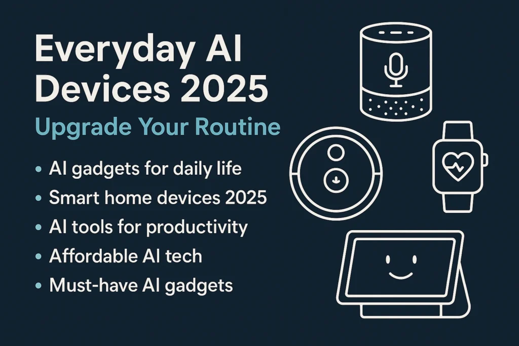 Promotional graphic showcasing Everyday AI Devices 2025 including smart speakers, wearables, and displays—highlighting AI gadgets for daily life, smart home devices 2025, AI tools for productivity, and affordable AI tech.
