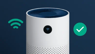 A sleek 2025 smart air purifier glowing with connectivity icons, representing the best smart air purifiers, smart home air purifiers, AI-powered air purifiers, and advanced air quality tech gadgets for healthier living.