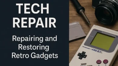 A close-up scene featuring a Game Boy and analog camera on a wooden desk with repair tools like a soldering iron and cartridges, visually representing Game Boy restoration, analog camera repair, old electronics repair, retro gadget restoration, and vintage tech repair in progress.