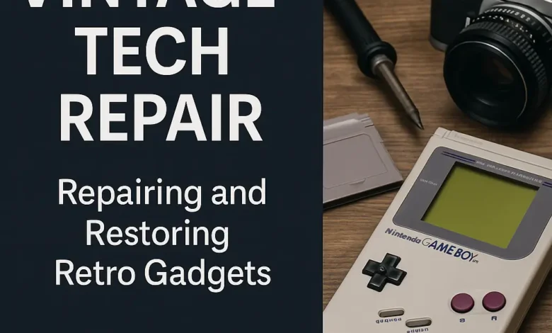 A close-up scene featuring a Game Boy and analog camera on a wooden desk with repair tools like a soldering iron and cartridges, visually representing Game Boy restoration, analog camera repair, old electronics repair, retro gadget restoration, and vintage tech repair in progress.