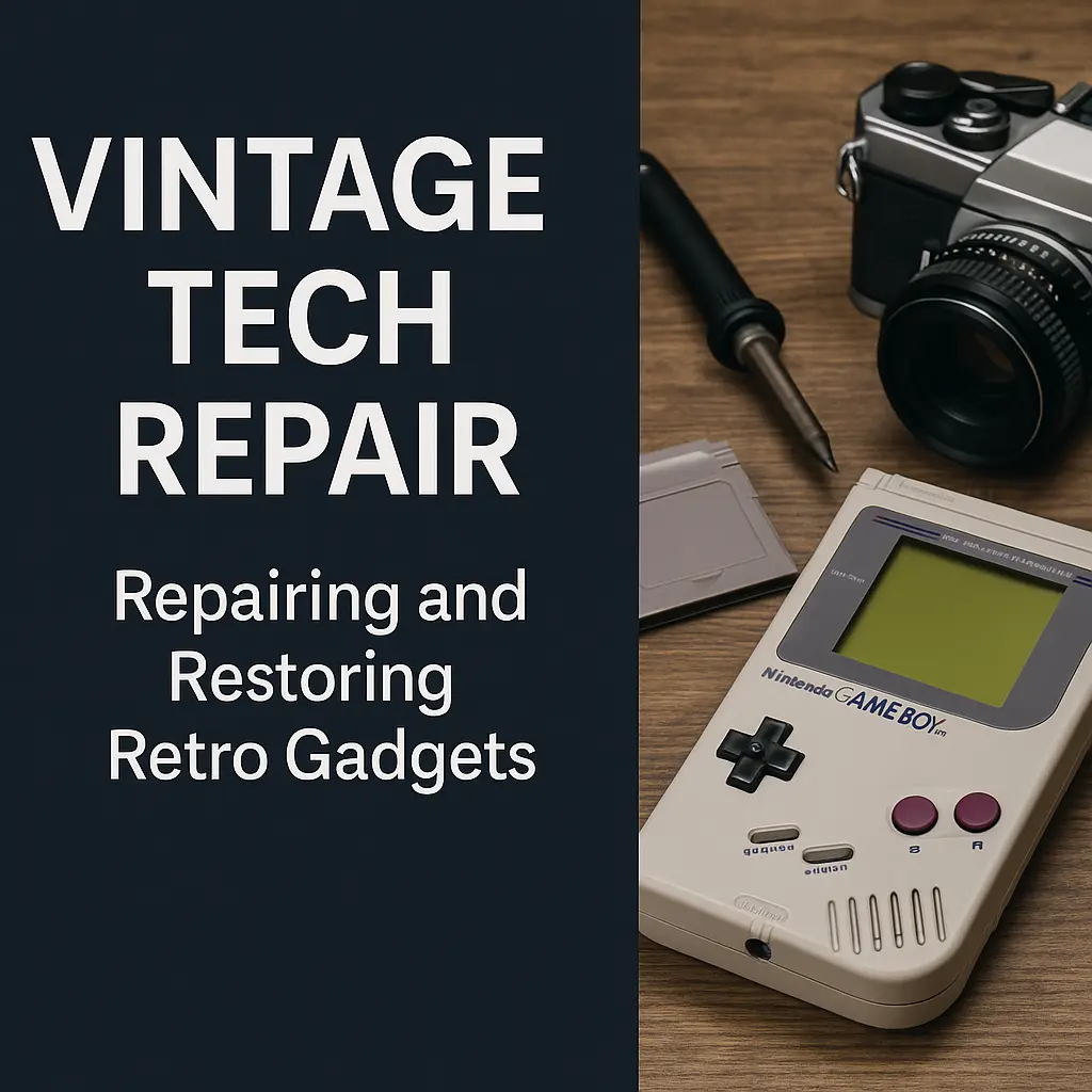 A close-up scene featuring a Game Boy and analog camera on a wooden desk with repair tools like a soldering iron and cartridges, visually representing Game Boy restoration, analog camera repair, old electronics repair, retro gadget restoration, and vintage tech repair in progress.