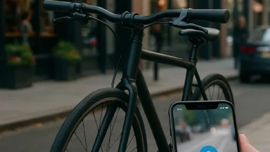 Modern urban bicycle secured with a smart bike lock with GPS and Bluetooth bike lock features; smartphone shows live tracking app, highlighting affordable smart bike locks as the ultimate e-bike theft stopper.