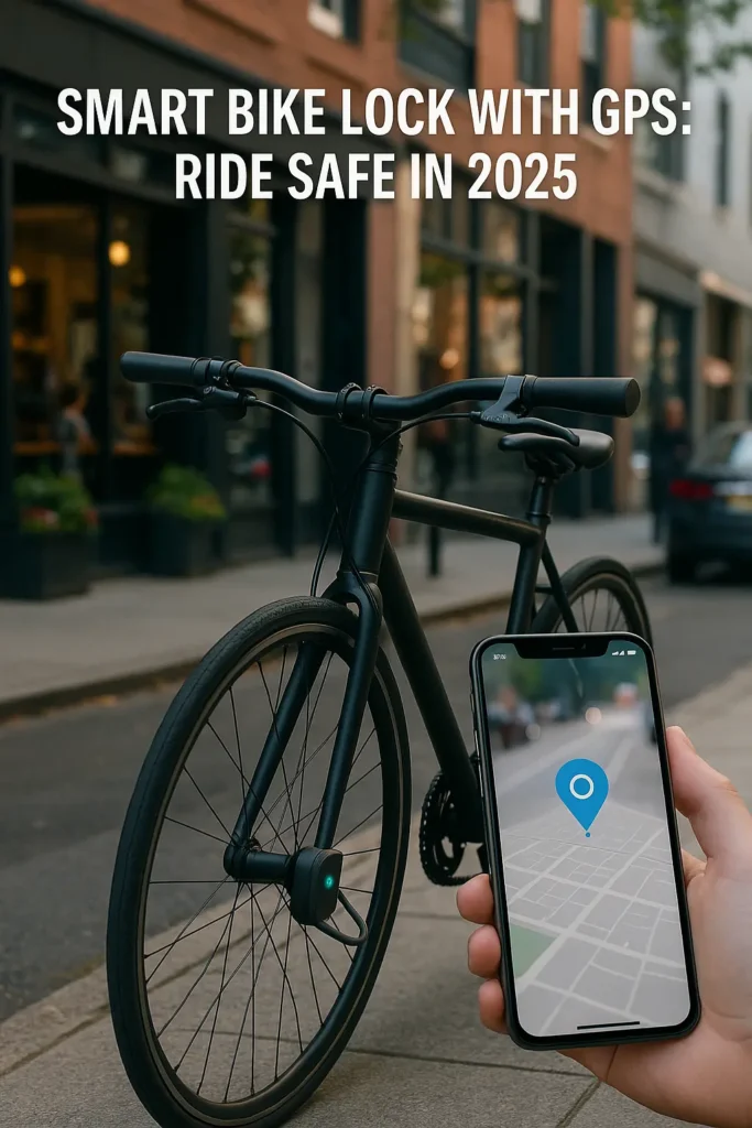 Modern urban bicycle secured with a smart bike lock with GPS and Bluetooth bike lock features; smartphone shows live tracking app, highlighting affordable smart bike locks as the ultimate e-bike theft stopper.
