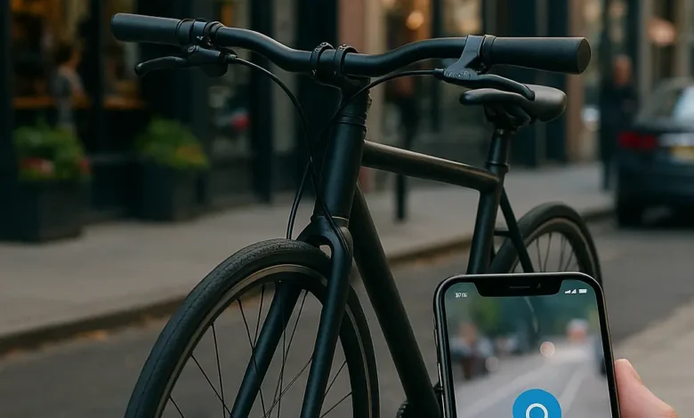 Modern urban bicycle secured with a smart bike lock with GPS and Bluetooth bike lock features; smartphone shows live tracking app, highlighting affordable smart bike locks as the ultimate e-bike theft stopper.