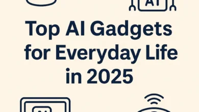 A collection of top consumer AI gadgets 2025 including smart speakers, AI robots, and smart home devices, representing AI gadgets 2025, AI gadgets for home, AI-powered tech, and AI devices for daily use.