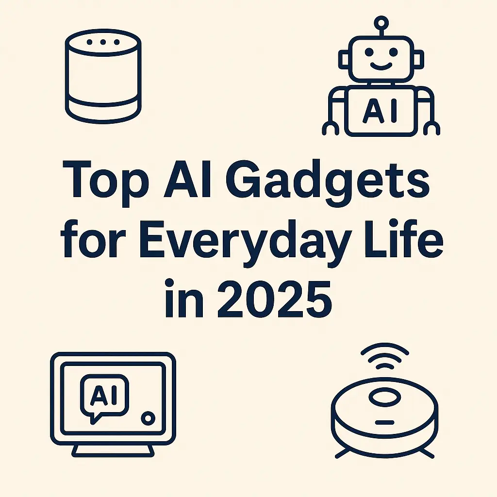 A collection of top consumer AI gadgets 2025 including smart speakers, AI robots, and smart home devices, representing AI gadgets 2025, AI gadgets for home, AI-powered tech, and AI devices for daily use.