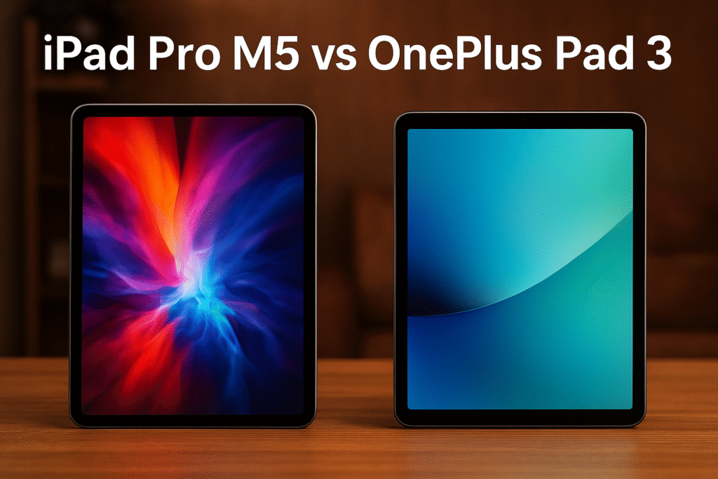 iPad Pro M5 and OnePlus Pad 3 side by side showcasing design and display comparison.