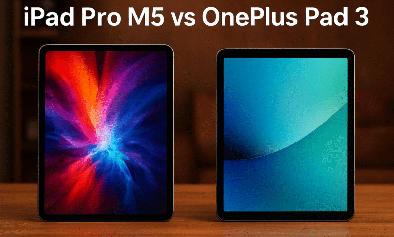 iPad Pro M5 and OnePlus Pad 3 side by side showcasing design and display comparison.