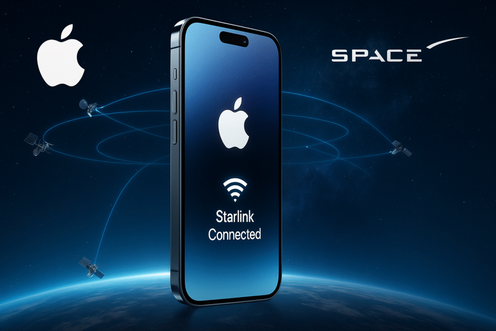 Starlink satellite internet, Futuristic concept image showing Apple Starlink iPhone 18 Pro connected to Starlink satellites by SpaceX, symbolizing future iPhone technology.