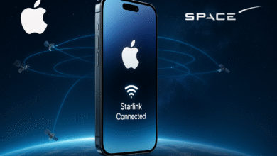 Starlink satellite internet, Futuristic concept image showing Apple Starlink iPhone 18 Pro connected to Starlink satellites by SpaceX, symbolizing future iPhone technology.