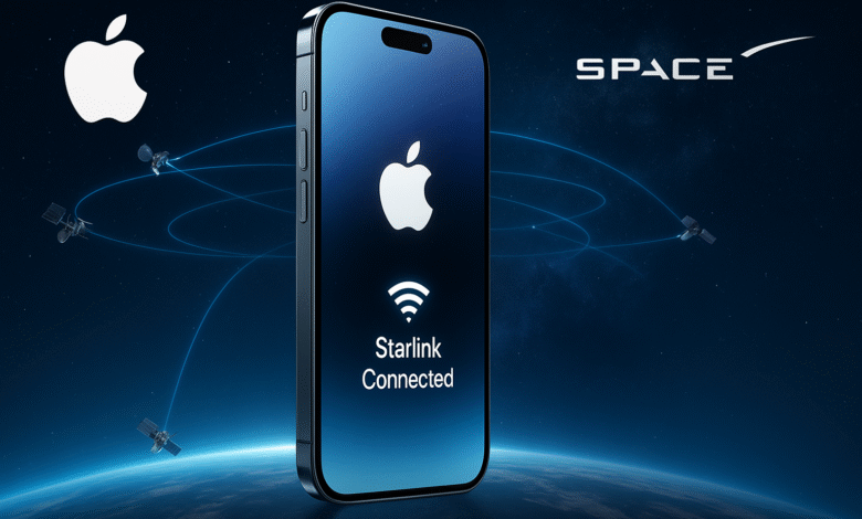 Starlink satellite internet, Futuristic concept image showing Apple Starlink iPhone 18 Pro connected to Starlink satellites by SpaceX, symbolizing future iPhone technology.