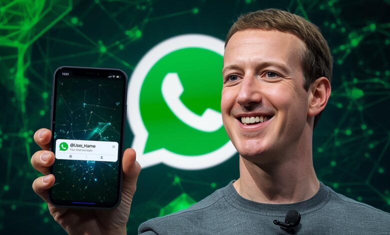 Mark Zuckerberg and WhatsApp username feature showing chat without phone number.