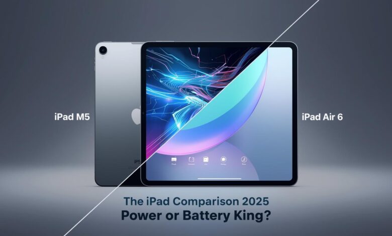iPad Pro M5 and iPad Air 6 side-by-side comparison highlighting performance, battery life, and Apple tablet features in 2025.