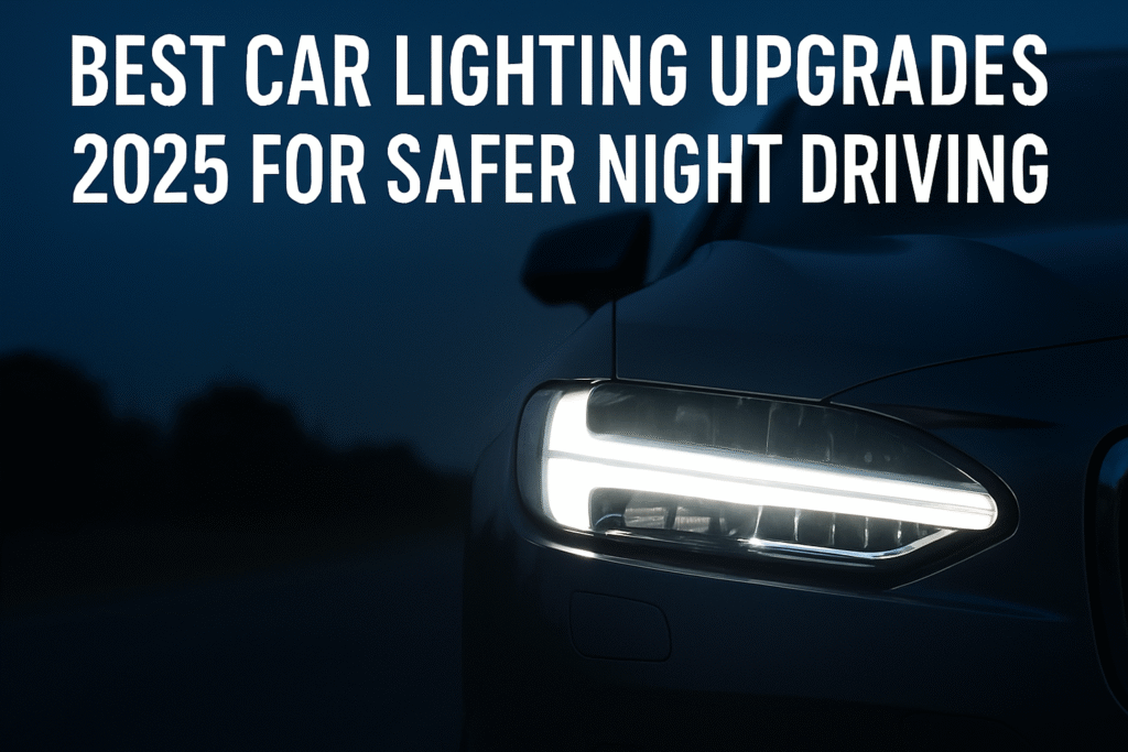 Modern auto lights with an LED headlight upgrade on a car at night, showing car lighting trends and improving visibility as part of the Best Car Lighting Upgrades 2025 guide with essential vehicle visibility tips.