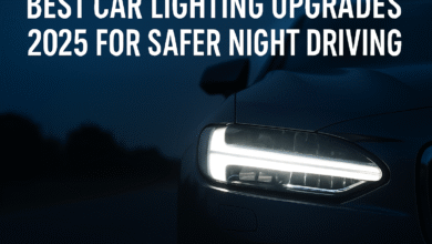 Modern auto lights with an LED headlight upgrade on a car at night, showing car lighting trends and improving visibility as part of the Best Car Lighting Upgrades 2025 guide with essential vehicle visibility tips.