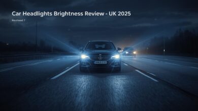 A car with bright LED headlights creating glare on a UK road at night, highlighting safety concerns and the government’s 2025 review.