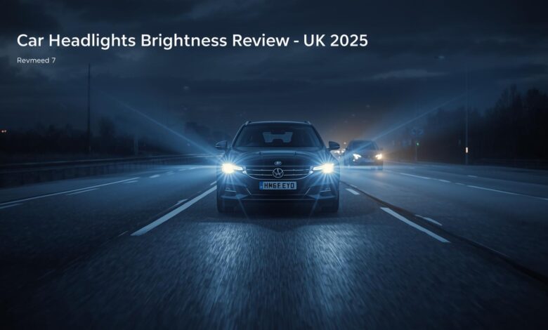 A car with bright LED headlights creating glare on a UK road at night, highlighting safety concerns and the government’s 2025 review.