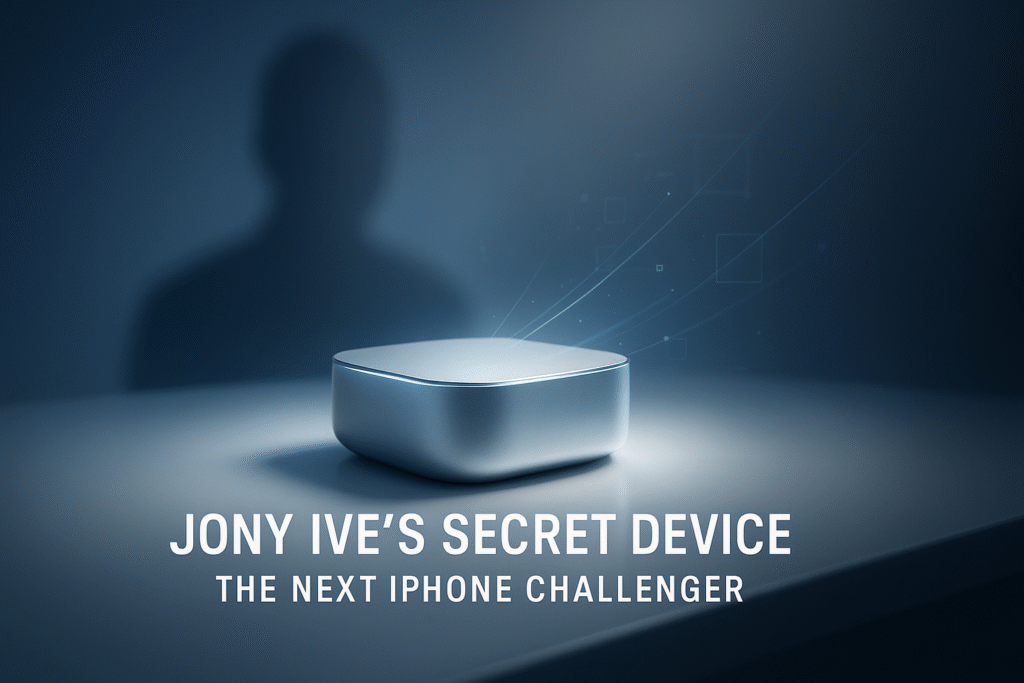 A futuristic concept image representing the Jony Ive secret device, showing iPhone replacement future tech, the next big Apple rival, an AI powered personal device, and a revolution in device design.