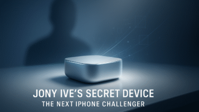 A futuristic concept image representing the Jony Ive secret device, showing iPhone replacement future tech, the next big Apple rival, an AI powered personal device, and a revolution in device design.