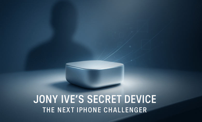A futuristic concept image representing the Jony Ive secret device, showing iPhone replacement future tech, the next big Apple rival, an AI powered personal device, and a revolution in device design.