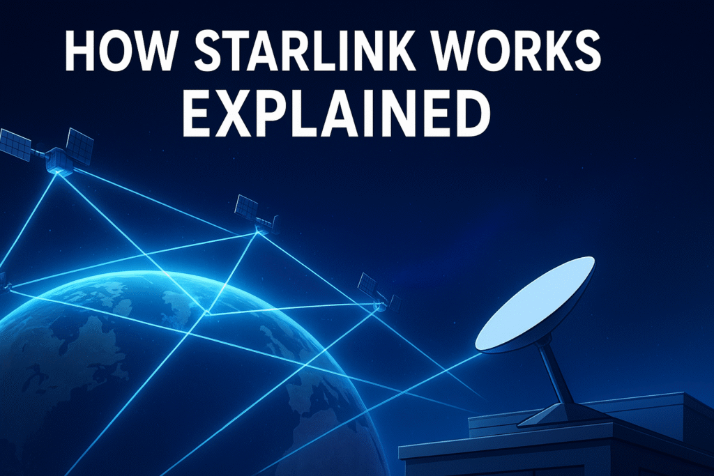 How Starlink works, using low orbit satellites, a space based broadband system, and smart Starlink dish technology for global fast internet and Beginner friendly tech tutorial.