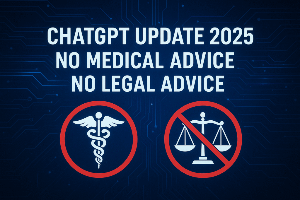 ChatGPT Update 2025 showing AI safety restrictions, ChatGPT policy changes, and AI guidance limitations with no health or legal advice.