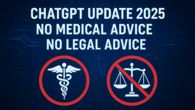 ChatGPT Update 2025 showing AI safety restrictions, ChatGPT policy changes, and AI guidance limitations with no health or legal advice.