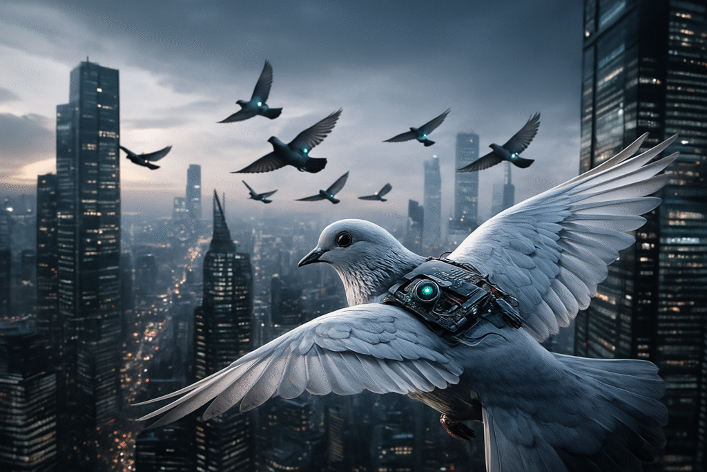 AI-guided aerial birds monitoring city with remote neural surveillance
