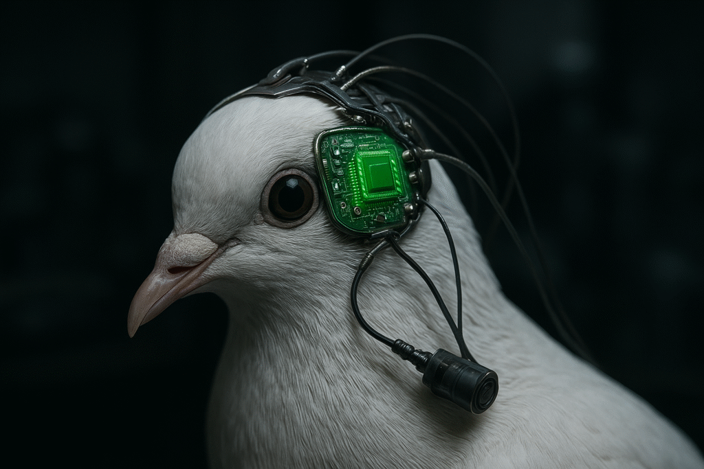 Close-up of neural implant showing military biological spying tech in a pigeon brain