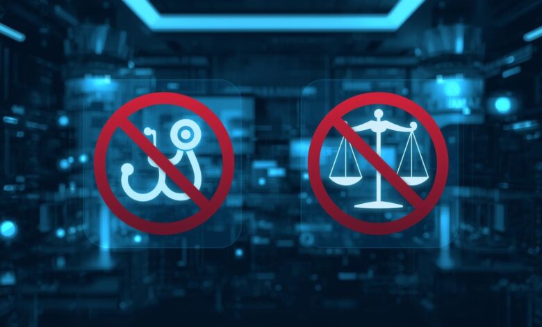 ChatGPT interface, ChatGPT medical guidance limit, showing a red “Restricted” mark over health and legal icons, symbolizing OpenAI’s new usage policy and AI advice ban in 2025.