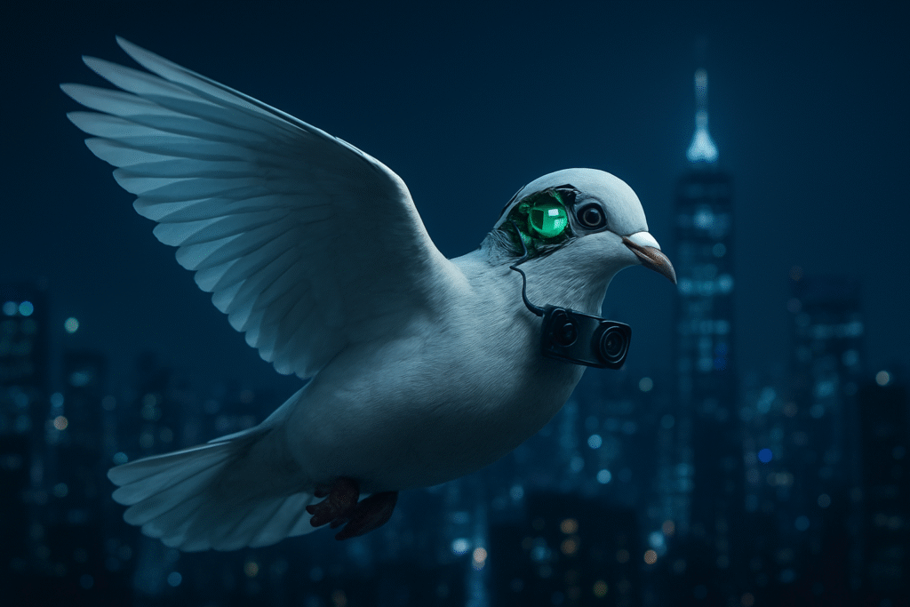 Brain-chipped bird drones, Close-up of white cyber-pigeon with neural implant, microchip circuit board, and sensor wires in a dark laboratory setting.