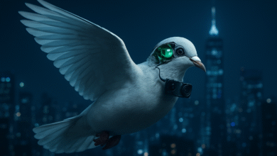 Close-up of white cyber-pigeon with neural implant, microchip circuit board, and sensor wires in a dark laboratory setting.