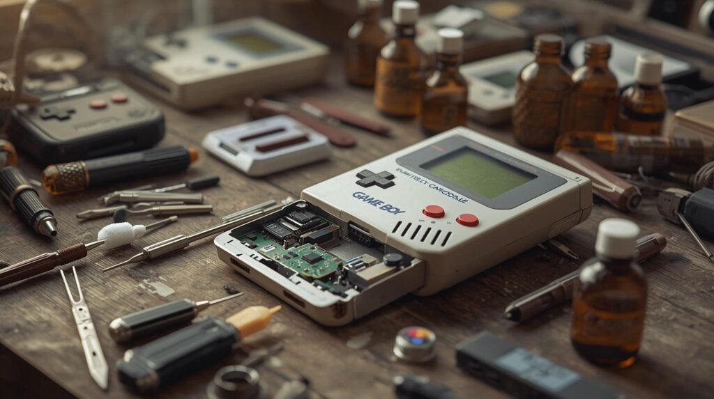 Old handheld gaming revival, Vintage Game Boy console on a workbench with retro gadget repair tools, showing a partial disassembly for restoration.