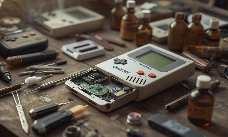 Old handheld gaming revival, Vintage Game Boy console on a workbench with retro gadget repair tools, showing a partial disassembly for restoration.