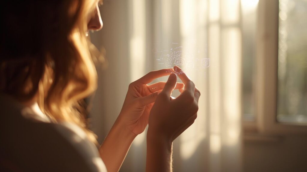 A user interacting with a screenless Jony Ive AI device, featuring floating hologram UI — seen as the visionary iPhone future rival, emerging as a clean and fluid Next-gen Apple alternative, and increasingly discussed as a Secret Apple challenger.