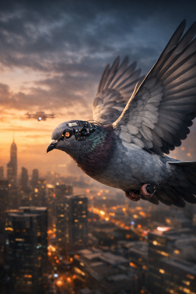 Bio-Hybrid Drones showing living surveillance through bird drone technology using neural implants, animal cyborgs and silent spying