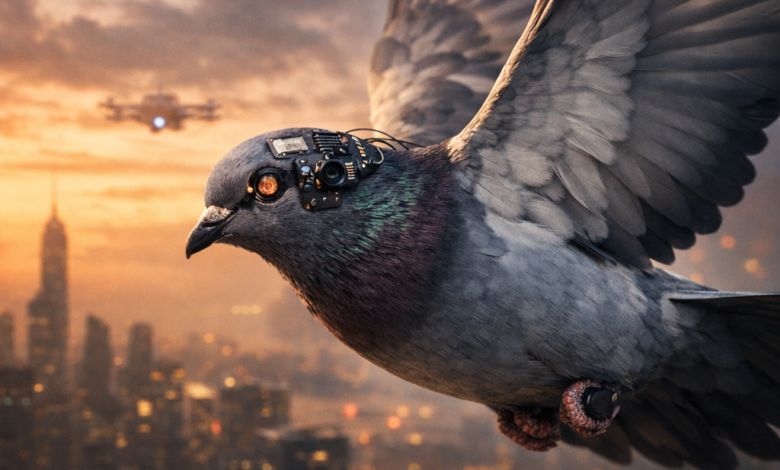 Bio-Hybrid Drones showing living surveillance through bird drone technology using neural implants, animal cyborgs and silent spying