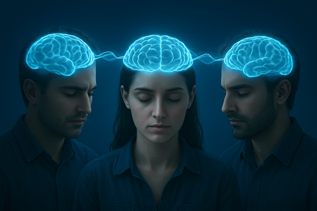 A futuristic neural-link concept showing three people connected through glowing brain signals, representing next-gen Cognitive sharing, an iPhone replacement powered by advanced AI personal tech, Human mind linking technology symbolizing the next big Apple rival and a groundbreaking device design revolution.