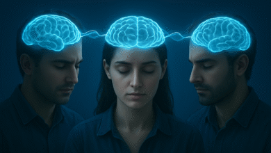 A futuristic neural-link concept showing three people connected through glowing brain signals, representing next-gen Cognitive sharing, an iPhone replacement powered by advanced AI personal tech, Human mind linking technology symbolizing the next big Apple rival and a groundbreaking device design revolution.